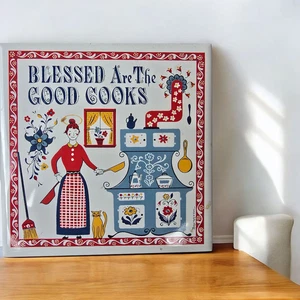VTG 1963 Danish "Help Yourself" & "Blessed Are Good Cooks" Folk Art Tile Trivets - Picture 1 of 7