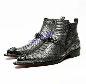 Chic Mens Textured Metal Head Pointy Toe Wing Tip Leather Shoes Ankle Boots - Picture 1 of 12