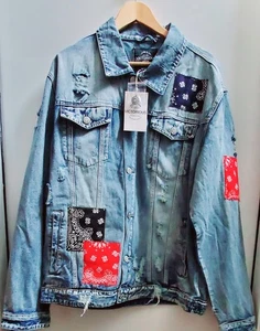 Victorious Jeans Jacket NWT Denim 2XL Blue w/ Bandana Patchworks Black/Red/Blue - Picture 1 of 12