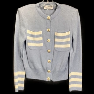 Vintage St John Collection Santana Knit Jacket Sz 4 Blue w/Logo Buttons - Foto 1 di 7