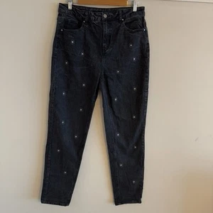 TU Charcoal Black Denim Embroidered SIZE 12 LONG UK Mom Jeans - Picture 1 of 8