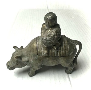 Vintage Japanese Gilt Child Bull Figurine Incense Burner  Flower Basket Bronze - Picture 1 of 7