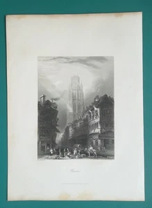 ROUEN Street Market w/Cathedral France - 1860 Antique Print - Picture 1 of 1