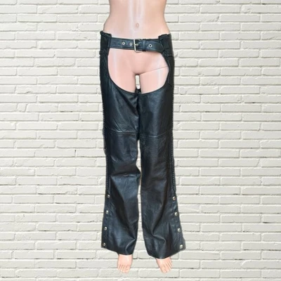 Pantalones de cuero negro vintage - Pierna a presión con cordones en la espalda - Motociclista Western Foto 1 de 4