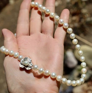 14K MASSIVES WEISSGOLD 0,8X0,8" STIEFMÜTTERCHENVERSCHLUSS PERLE 34,7 GRAMM PERLEN 16" HALSKETTE - Bild 1 von 8