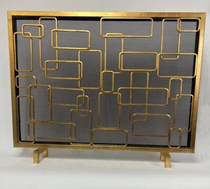RECTANGLE FIREPLACE SCREEN ANTIQUE GOLD PATINA WITH PROTECTIVE WIRE MESH - Picture 1 of 2