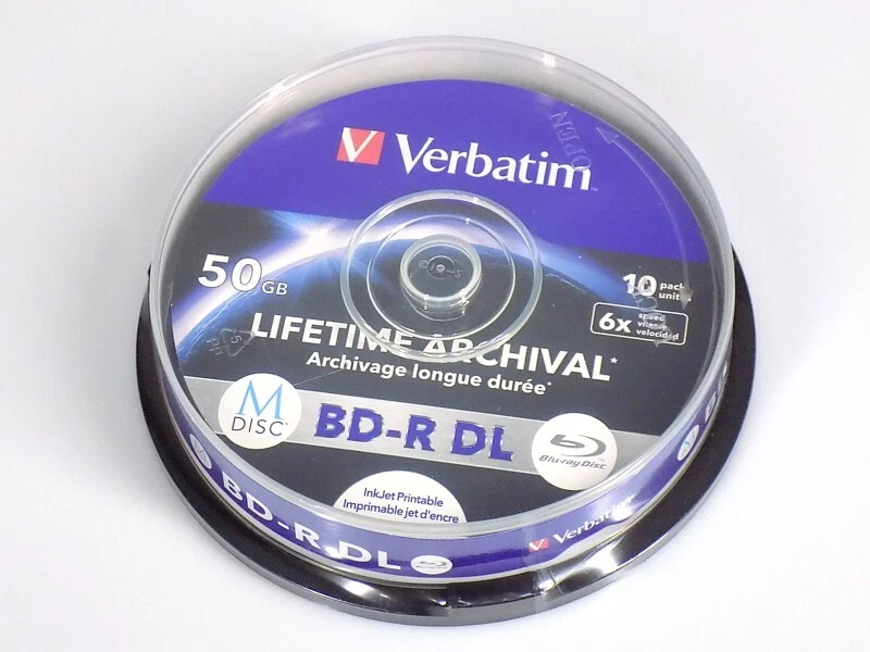 10er-Pack Spindel 50GB Verbatim Blu-Ray BD-R DL 6X MDISC Lifetime Archival - Bild 1 von 1
