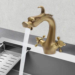 Dragon Shaped Gold Bathroom Sink Mixer Tap Two-Handle Dual Hot Cold Water Faucet - Picture 1 of 20