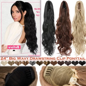 Body Wave Drawstring Ponytail Clip In Real As Human Hair Extensions Curly Thick - Picture 1 of 39