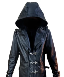 Mens Gothic Matrix Steampunk Coat in Real Black Leather with Long Hood Coat - Picture 1 of 12