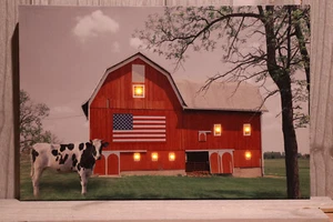 Lighted LED Patriotic Print American Red Barn with Cow Large 23.5" x 15.75" - Picture 1 of 2
