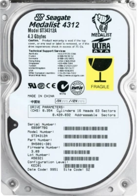 Hard Drive Seagate Medalist 4312 ST34312A 4.3GB 5400U/Min 512KB Ata 3.5 " Inch - Image 1 of 3