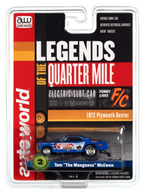 Auto World 4Gear Hot Wheels: Legends of the Quarter Mile - Tom Mongoose II McEwen's 72 Plymouth Duster 1/87 Slot Car - Blue with Flames (SC376/48)
