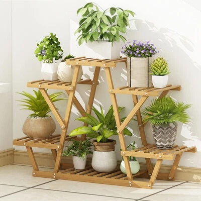 Soporte para maceta duradero de varios niveles de madera de pino maceta estante para plantas interior exterior Foto 1 de 4