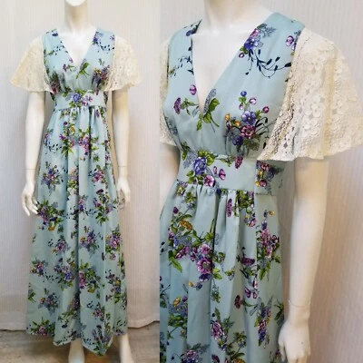 Vintage 70's Blue Floral Maxi DRESS  with Lace Flutter Sleeves - Size S/M - EUC - Image 1 of 4