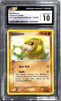 Pokémon Card Sandshrew CGC 10 Gem Mint, EX Team Rocket Returns 74/109, 2004 (1) - Image 1 of 4