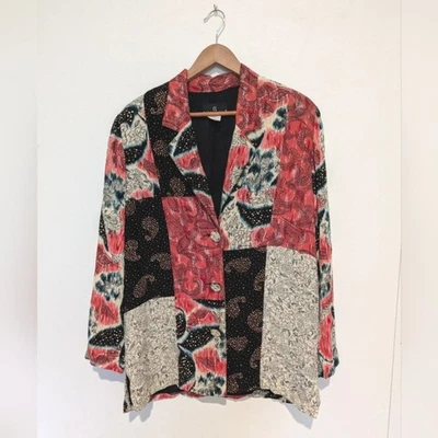Vintage Carole Little M/L Patchwork Jacket Artsy Floral Art Rayon Boho Bohemian - Image 1 of 4