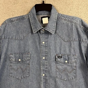 Wrangler Camicia Uomo 2XL Blu Denim Western Perla Snap Manica Lunga Cowboy 70127SW - Foto 1 di 24