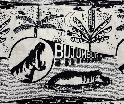 Black White Bujumbura Burundi Theme Hippo Palm Tree Fabric BTY #23 - Image 1 of 4