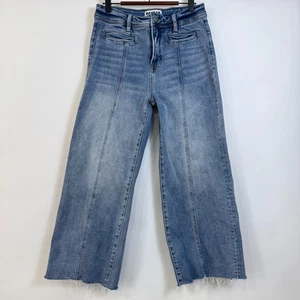 Pantalones de mezclilla Bayeas cosidos cintura alta dobladillo crudo pierna ancha recortados para mujer 28 azul lavado medio - Imagen 1 de 9