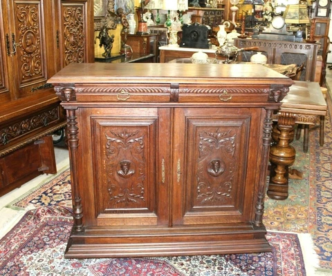 French Antique Oak Renaissance Sideboard Cabinet / Buffet Cover