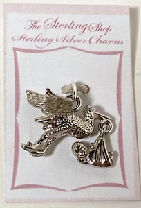 Neu mit Etikett beweglicher Vintage 3D Storch mit Baby Sterlingsilber Anhänger Charm  - Bild 1 von 12