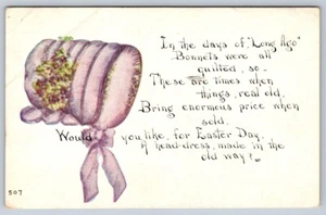 Purple Bonnet, Flowers, Poem, Antique 1914 FA Owen Easter Greetings Postcard 507 - Picture 1 of 2