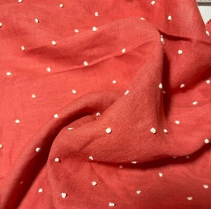 Coral with Embroidered Dots 100% Linen Fabric - Medium Weight - Picture 1 of 3