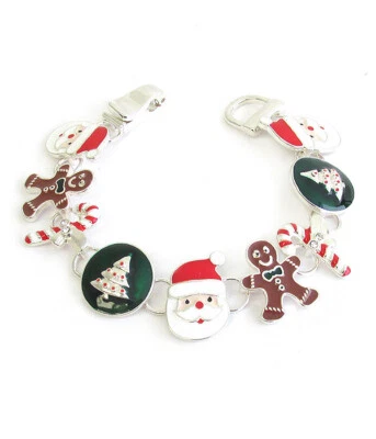 Christmas Santa Theme Charm Chain Bracelet Magnetic Clasp Size 7 White Gold - Image 1 of 4