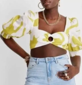 Damen Future Collective Cropped Puffärmel Top Tropical Print Grün S - Bild 1 von 9