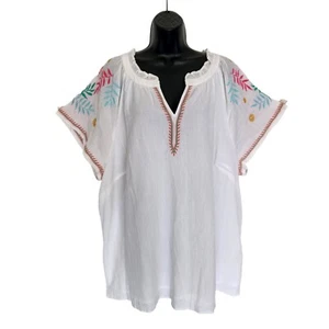 Talbots Plus Size 3X 100% Cotton Short Sleeve Tunic Top White Floral Boho NEW - Picture 1 of 17