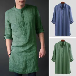 Hombres Mangas Largas Camiseta Vintage Corta Caftán Islámico Abaya Túnica Vestido Camisa Prenda para el torso - Imagen 1 de 14