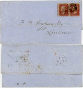 GB QV PENNY RED PAIR HK + H MISSING L MISPERF ERROR on COVER C8 LUDLOW 1856 - Picture 1 of 4