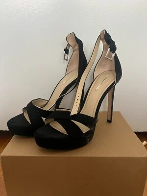 Tacones de aguja con plataforma de gamuza negros - Tacones altos con correa en el tobillo Peep Toe - Sandalias sexy Foto 1 de 4
