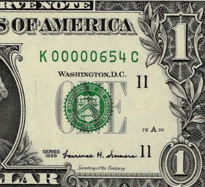 1999 $1 Federal Reserve Note Low 3 digit Serial Number Dallas K00000654C PMG 65 - Image 1 of 4