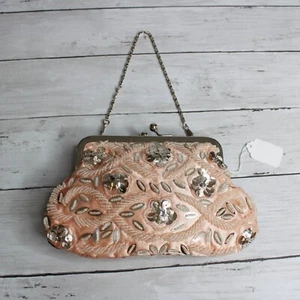 Vintage Damen Perlen Seide Handtasche Rosa Silber Abendtasche Metall Schulterriemen - Bild 1 von 9
