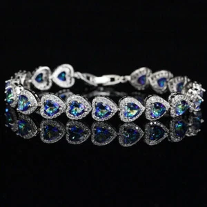 Women Holiday Jewelry Rainbow Blue Mystic Topaz Charm Silver Love Heart Bracelet - Picture 1 of 6