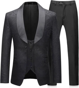 Boyland Anzug Slim Fit Floral Schwarz M 40R 34W 3 Teiler Satin Schalkragen Revers 1 Knopf - Bild 1 von 6