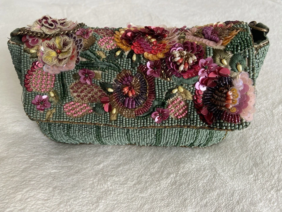 Zara Rare Seafoam Green Floral Sequin & Appliqué Bag EUC - Image 1 of 4