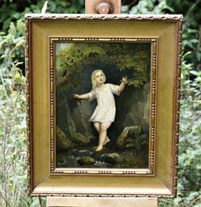 19th Century Oil Painting Girl In White Dress By Stream Forest Scene, Framed - Picture 1 of 8