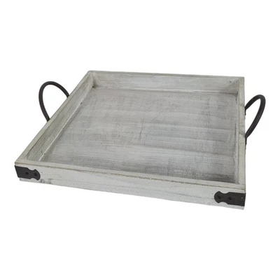 Ein  quadratisches, grauer Holztablett mit schwarzen Metallgriffen - Bild 1 von 3