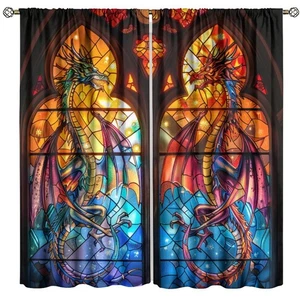 Dragon Decorative Window Curtains, Stained Glass Dragons Geometric Printed Wi... - Picture 1 of 7