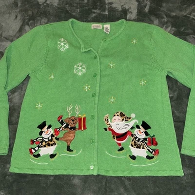 Cardigã suéter feminino vintage clássico elementos grande verde bordado de Natal - Imagem 1 de 4