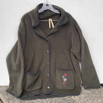 Шерстяной жакет женский размер M средний зеленый флисовый свитер куртка с вышивкой на пуговицах - Изображение 1 из 4