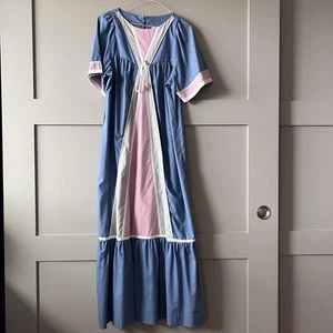Vintage Liberty House Dress Muu Muu Maxi Small Blue Pink Maxi Prairie Hawaii 70s - Picture 1 of 13