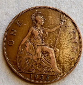 1935 United Kingdom 🇬🇧 1 Penny, George V, Predecimal Coinage, Bronze,  - Picture 1 of 2