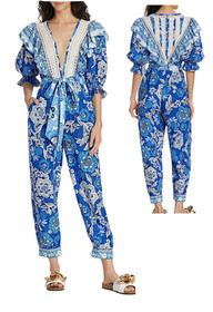 NWT $260 FARM Rio Full Of Flowers Ruffled Jumpsuit Blue Floral Linen Small