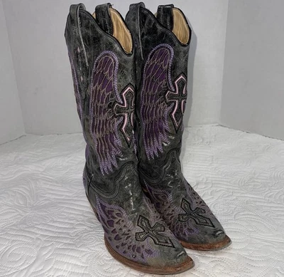 Corral Vintage Boots Womens Size 8.5M Gray Purple Cross & Wings A1969 Wedding - Image 1 of 4