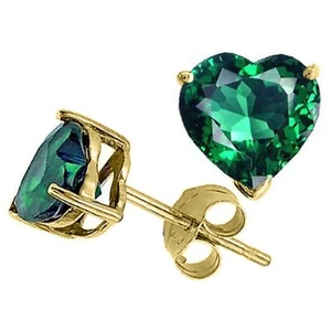 3.00 CARAT 14K SOLID YELLOW GOLD HEART EMERALD STUD EARRINGS BASKET PUSH BACK - Picture 1 of 1