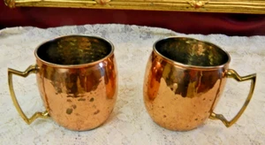 Vintage Copper Hammered Brass Handle Cups / Mugs Pair! - Picture 1 of 5